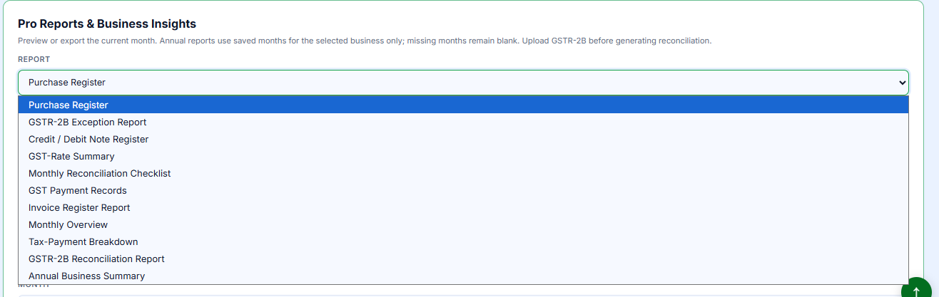 GST Summary Pro reports and business insights selector